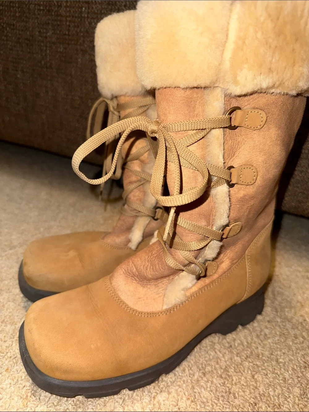 La CANADIENNE Suede Shearling Lace-Up Winter Boots Faux Fur Cuffs